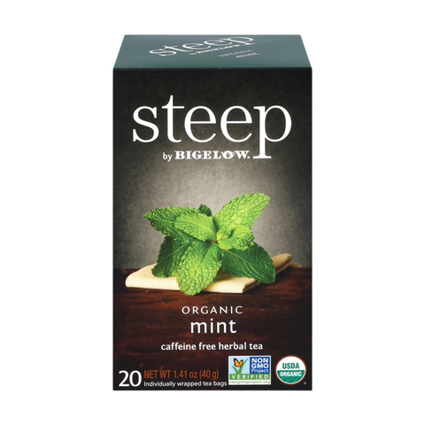 Bean Here Bean There Coffee & Cocoa Steep by Bigelow organic mint herbal tea box with fresh mint leaves illustration