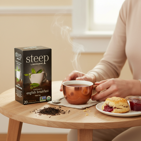 Bean Here Bean There Coffee & Cocoa Steep by Bigelow organic English breakfast black tea box with a steaming cup