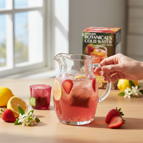 Bean Here Bean There Coffee & Cocoa Bigelow Botanicals strawberry lemon orange blossom cold water infusion in a pitcher