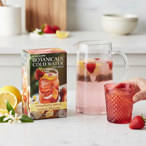 Bean Here Bean There Coffee & Cocoa Bigelow Botanicals strawberry lemon orange blossom tea box and iced infusion