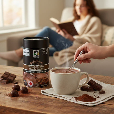 Bean Here Bean There Coffee & Cocoa Terra Heavenly Hot Chocolate powder tin with a steaming mug of cocoa on a table.