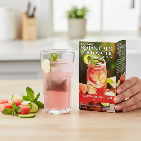 Bean Here Bean There Coffee & Cocoa Bigelow Botanicals watermelon cucumber mint tea box with a refreshing pink drink