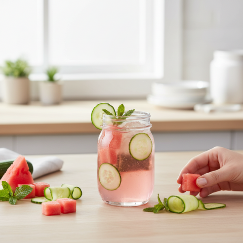 Bean Here Bean There Bigelow Botanicals watermelon cucumber mint cold water infusion in a glass jar with fresh fruit