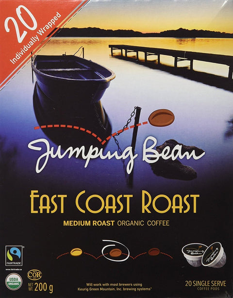 Jumping Bean East Coast Roast Fairtrade Organic 100% Compostable K-Cup Coffee Pods, Individually Wrapped