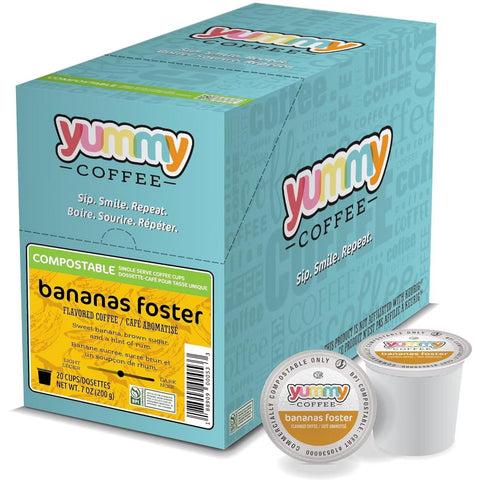 Yummy Coffee Bananas Foster Flavored Coffee, Compostable Single Serve Coffee Pods Compatible with Keurig K-Cup Brewers, 20 Count